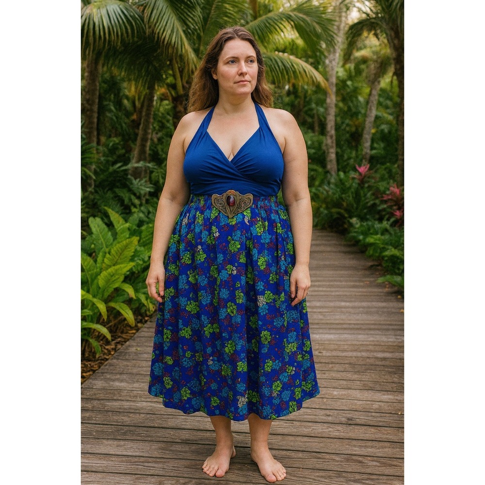 Barkcloth Midi‎ Skirt Size Large Blue Floral Hawaiian Elastic Waist Handmade